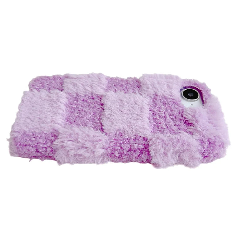 For iPhone 17e / 16e Fluffy Case Checkered / Floral Pattern Winter Plush Inner TPU Phone Cover - Purple - 4