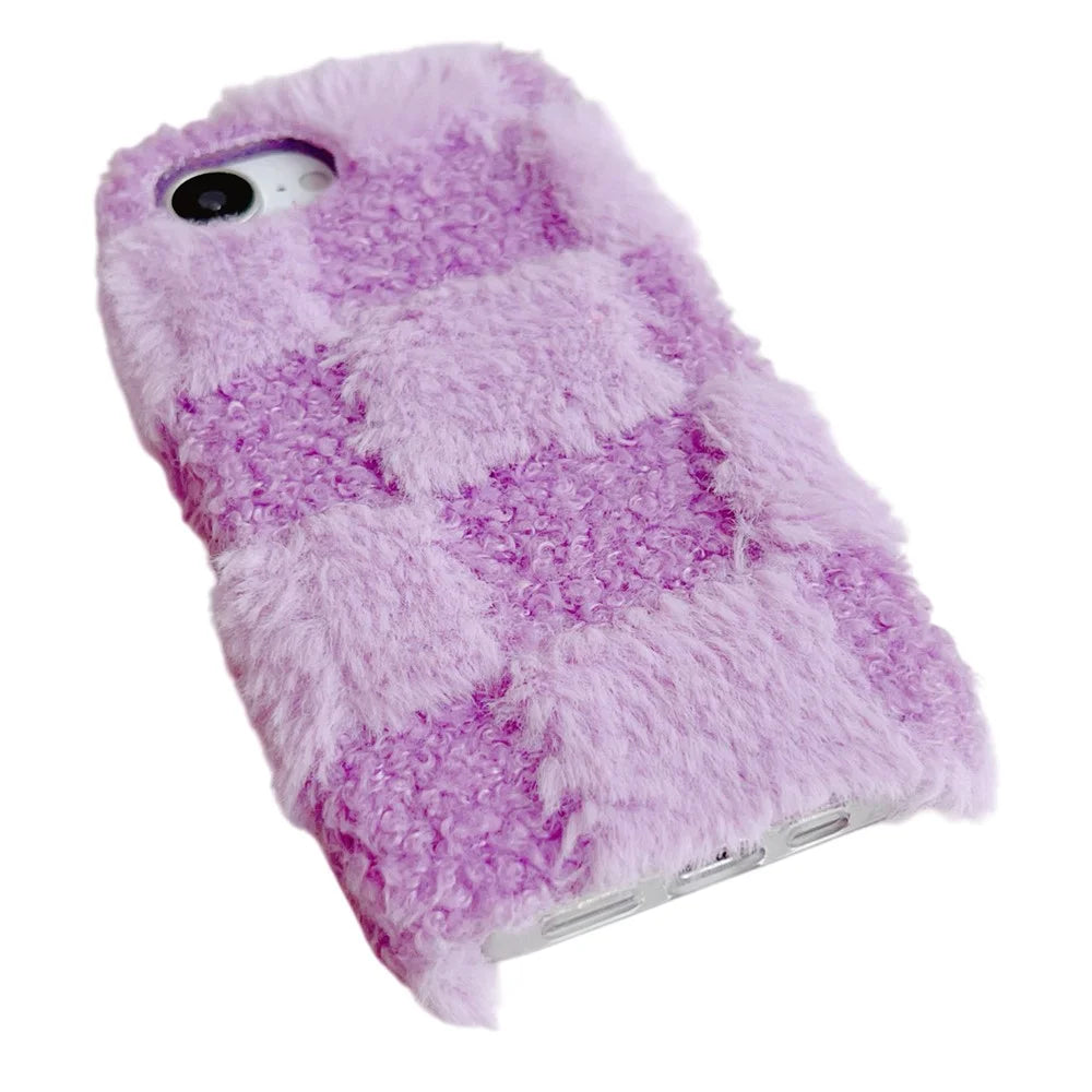For iPhone 17e / 16e Fluffy Case Checkered / Floral Pattern Winter Plush Inner TPU Phone Cover - Purple - 5