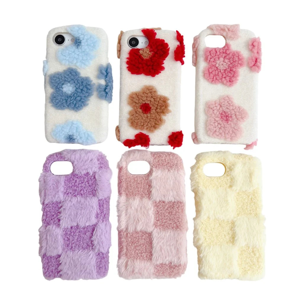 For iPhone 17e / 16e Fluffy Case Checkered / Floral Pattern Winter Plush Inner TPU Phone Cover - Purple - 6