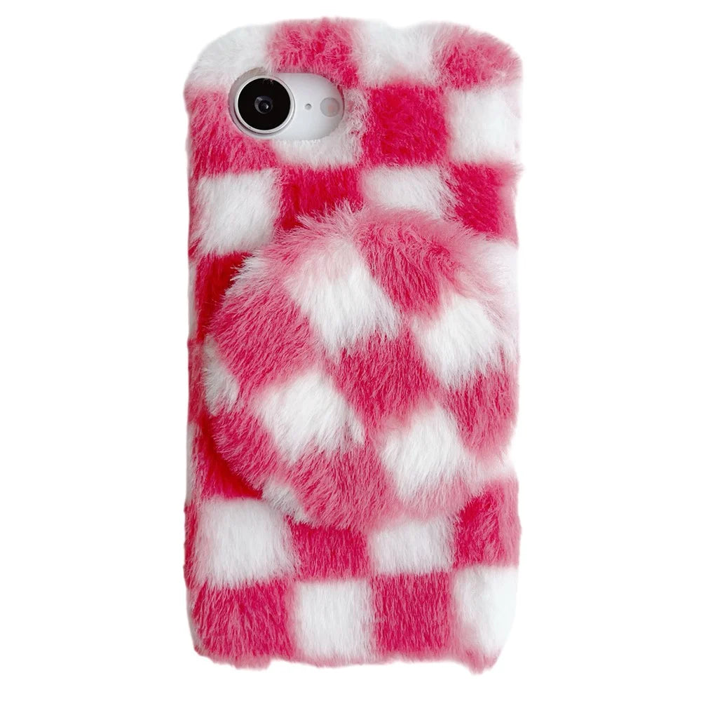 For iPhone 17e / 16e Fluffy Case Checkered Pattern Winter Plush Inner TPU Phone Cover with Mirror - Pink - 1
