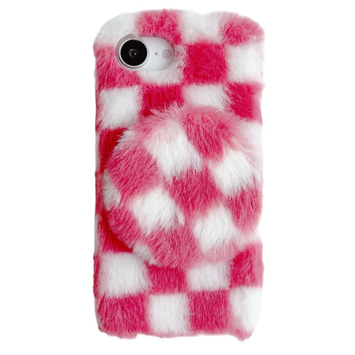 For iPhone 17e / 16e Fluffy Case Checkered Pattern Winter Plush Inner TPU Phone Cover with Mirror - Pink - 1