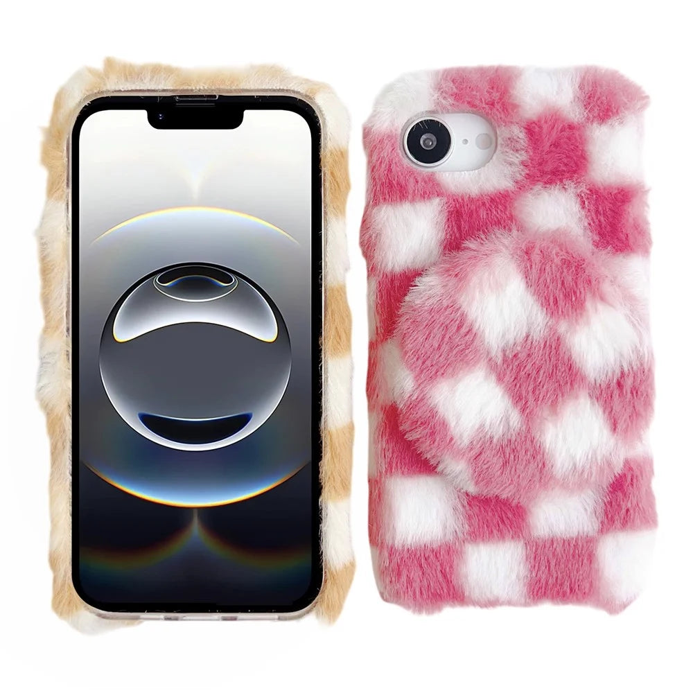 For iPhone 17e / 16e Fluffy Case Checkered Pattern Winter Plush Inner TPU Phone Cover with Mirror - Pink - 2