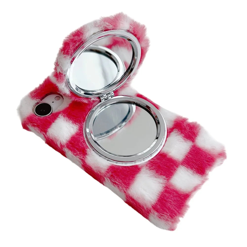 For iPhone 17e / 16e Fluffy Case Checkered Pattern Winter Plush Inner TPU Phone Cover with Mirror - Pink - 3