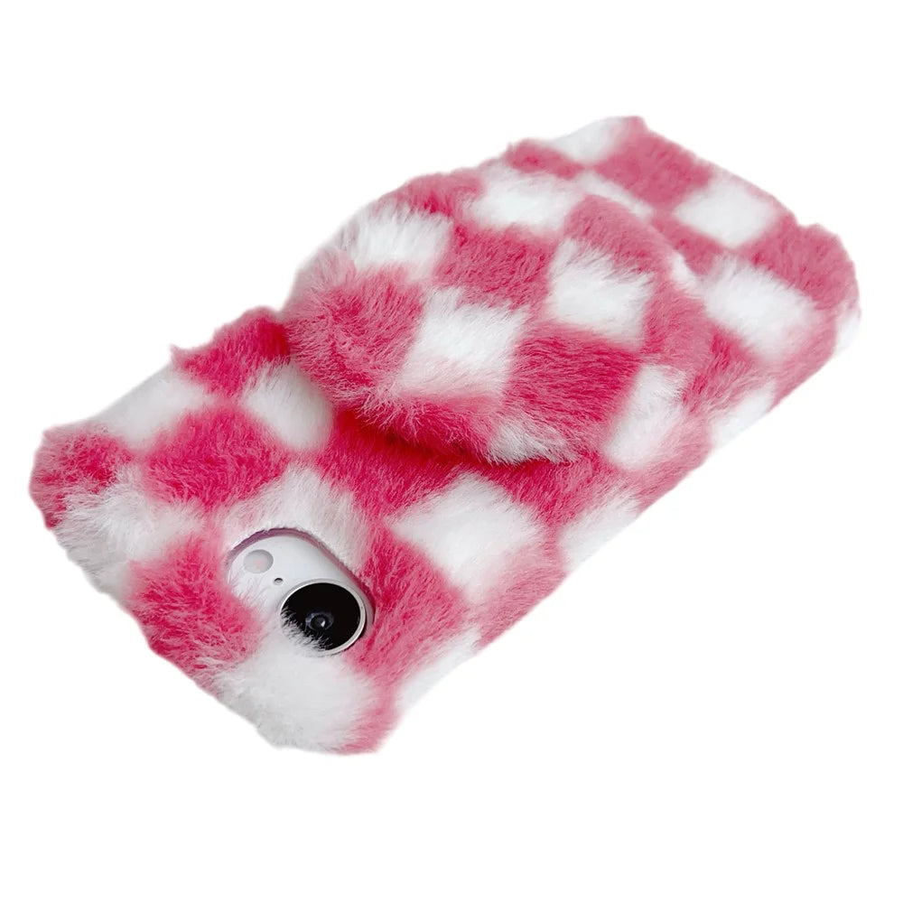 For iPhone 17e / 16e Fluffy Case Checkered Pattern Winter Plush Inner TPU Phone Cover with Mirror - Pink - 4