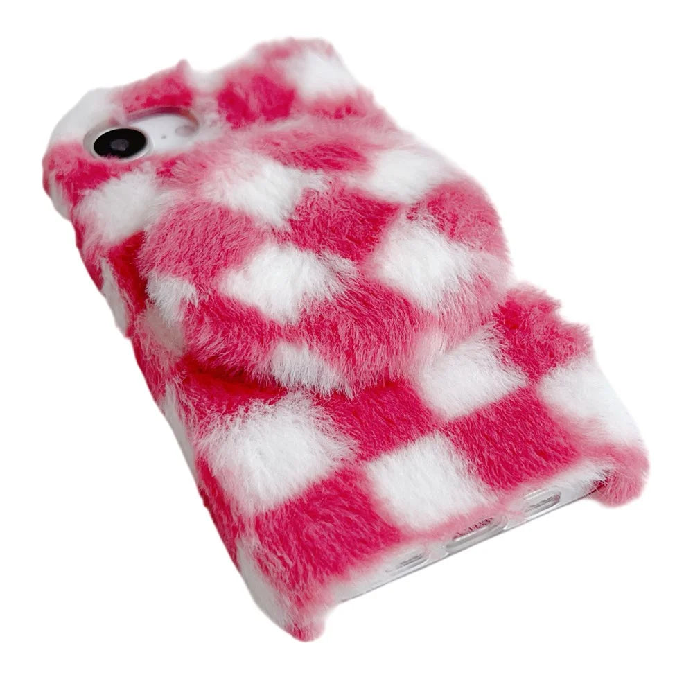 For iPhone 17e / 16e Fluffy Case Checkered Pattern Winter Plush Inner TPU Phone Cover with Mirror - Pink - 5