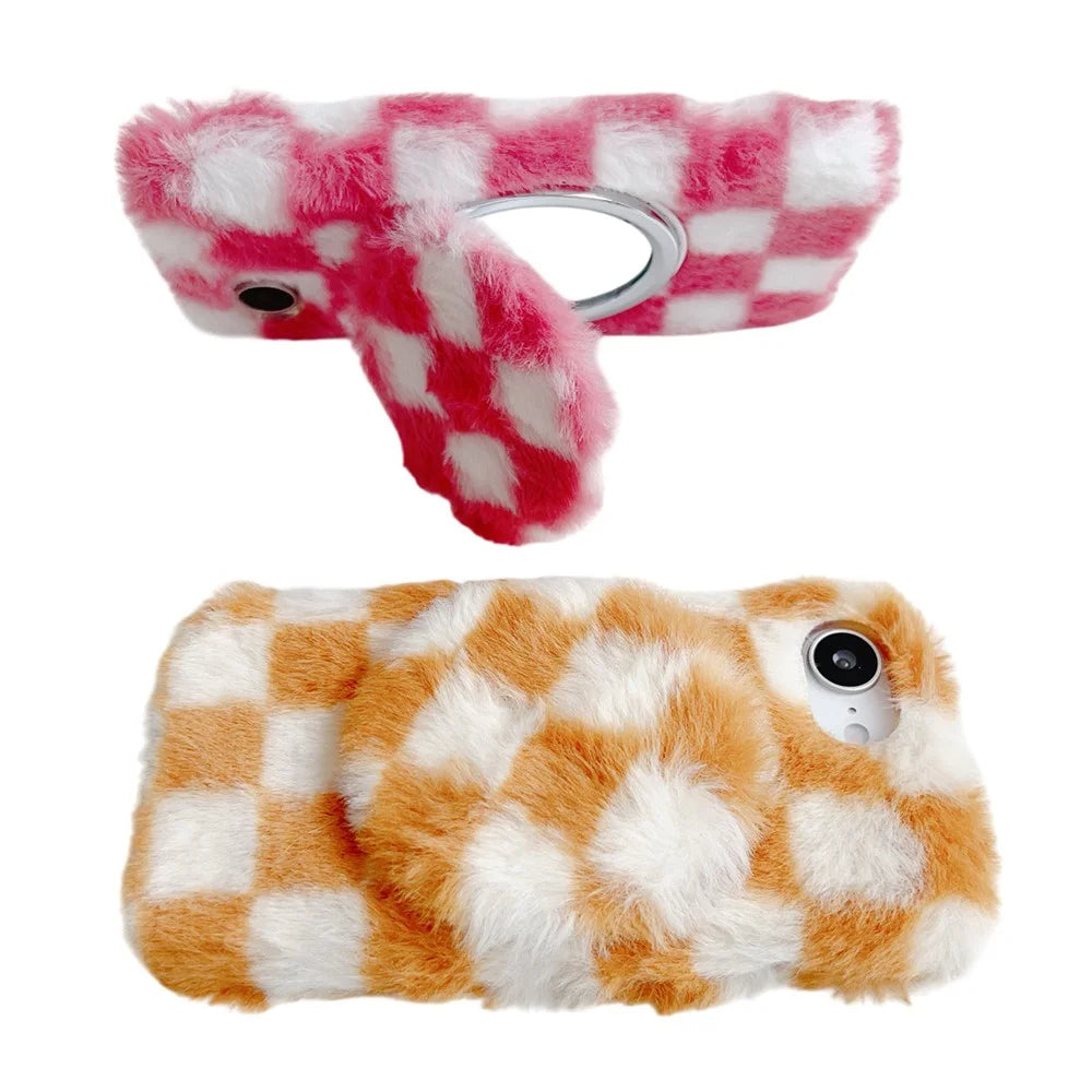 For iPhone 17e / 16e Fluffy Case Checkered Pattern Winter Plush Inner TPU Phone Cover with Mirror - Pink - 6