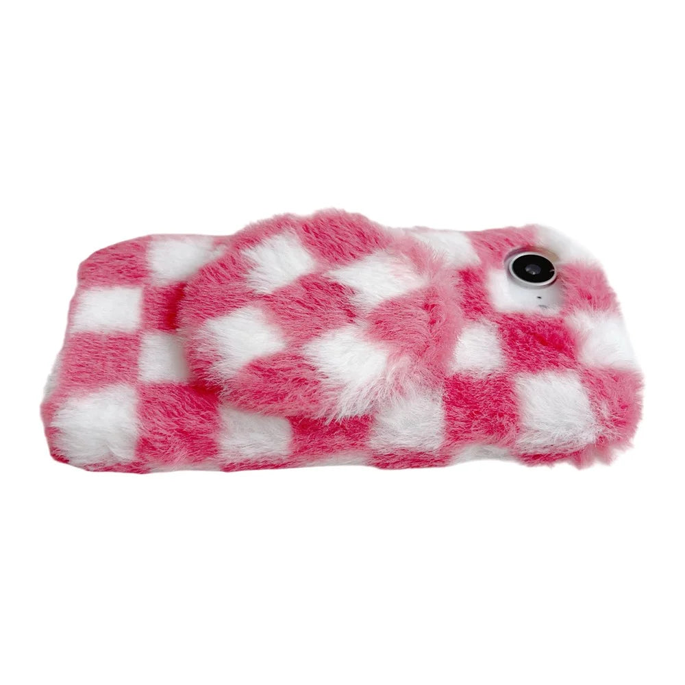 For iPhone 17e / 16e Fluffy Case Checkered Pattern Winter Plush Inner TPU Phone Cover with Mirror - Pink - 7