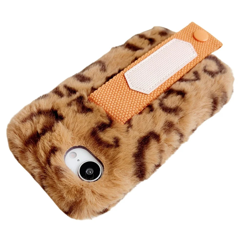 For iPhone 17e / 16e Fluffy Case Winter Plush Inner TPU Phone Cover with Hand Strap - Yellow - 2