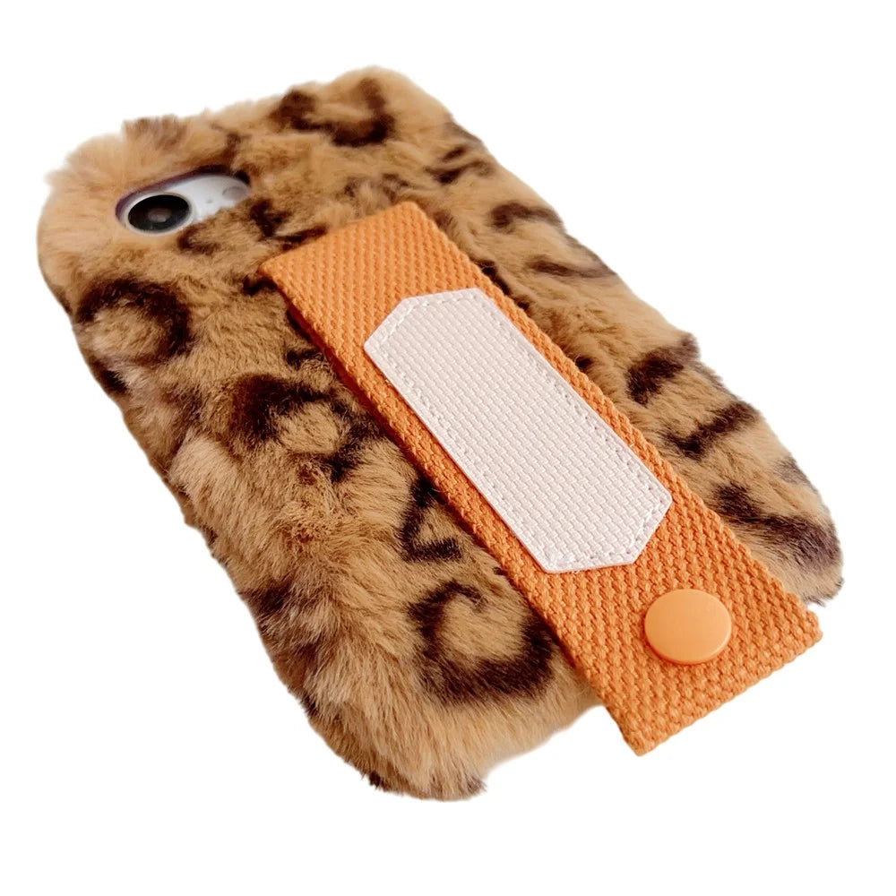 For iPhone 17e / 16e Fluffy Case Winter Plush Inner TPU Phone Cover with Hand Strap - Yellow - 3