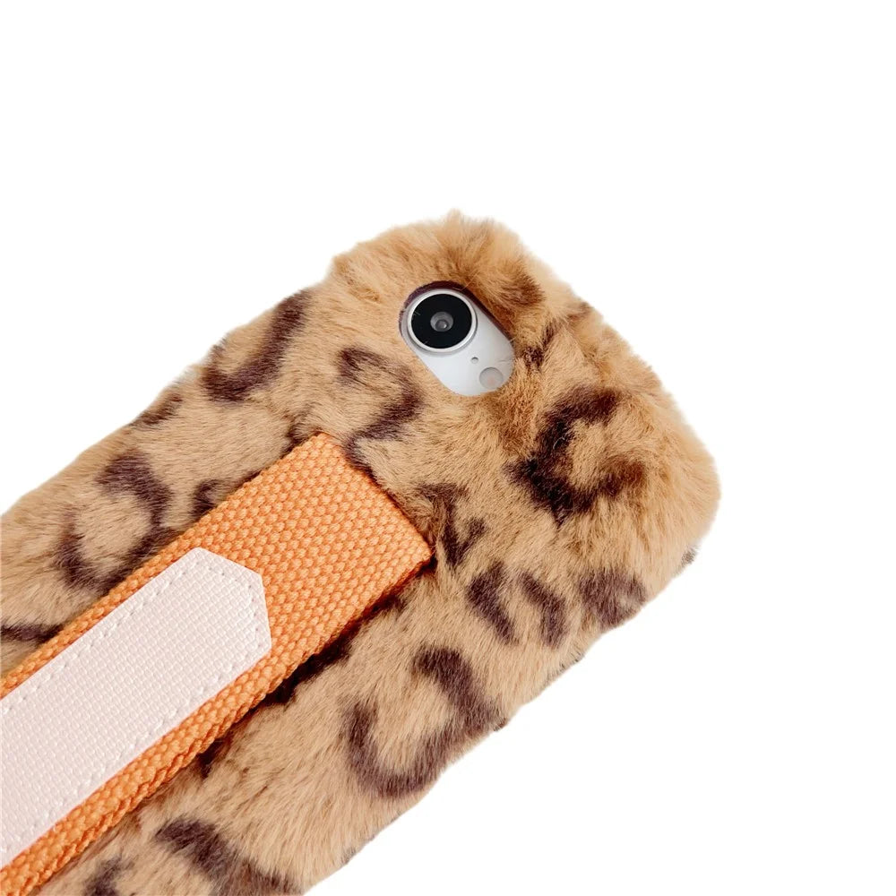 For iPhone 17e / 16e Fluffy Case Winter Plush Inner TPU Phone Cover with Hand Strap - Yellow - 5