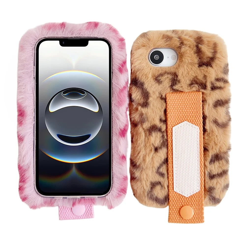 For iPhone 17e / 16e Fluffy Case Winter Plush Inner TPU Phone Cover with Hand Strap - Yellow - 6