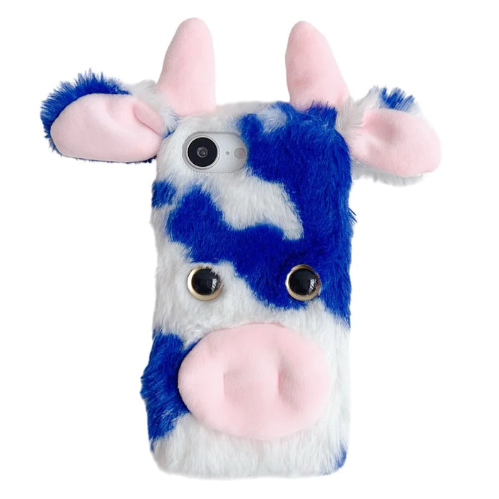For iPhone 17e / 16e Case Fluffy Cute Cow Winter Plush Inner TPU Phone Cover - Blue - 1