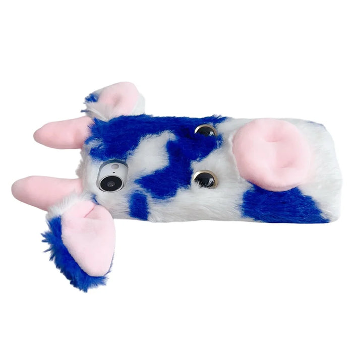 For iPhone 17e / 16e Case Fluffy Cute Cow Winter Plush Inner TPU Phone Cover - Blue - 3