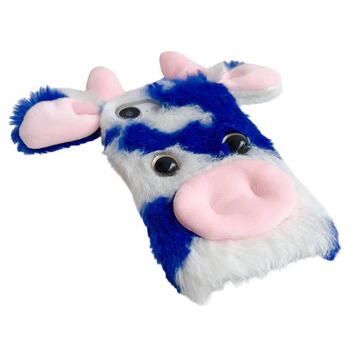 For iPhone 17e / 16e Case Fluffy Cute Cow Winter Plush Inner TPU Phone Cover - Blue - 4