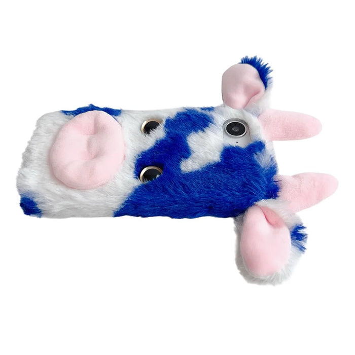 For iPhone 17e / 16e Case Fluffy Cute Cow Winter Plush Inner TPU Phone Cover - Blue - 5