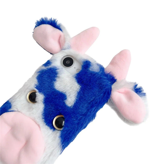 For iPhone 17e / 16e Case Fluffy Cute Cow Winter Plush Inner TPU Phone Cover - Blue - 6