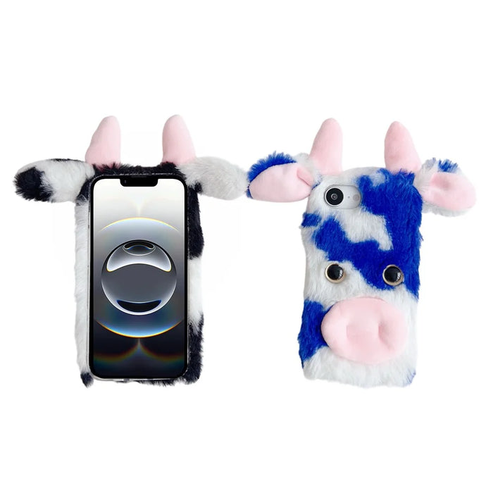 For iPhone 17e / 16e Case Fluffy Cute Cow Winter Plush Inner TPU Phone Cover - Blue - 7