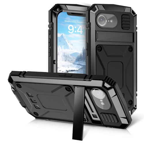 R-JUST For iPhone 17e / 16e Case PC + Silicone + Metal Kickstand Phone Cover with Tempered Glass Film - Black - 1