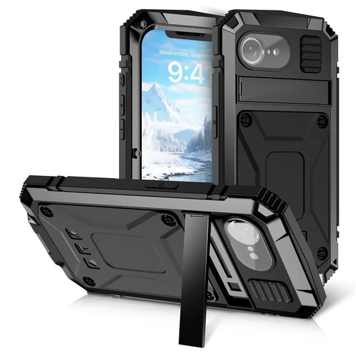 R-JUST For iPhone 17e / 16e Case PC + Silicone + Metal Kickstand Phone Cover with Tempered Glass Film - Black - 1