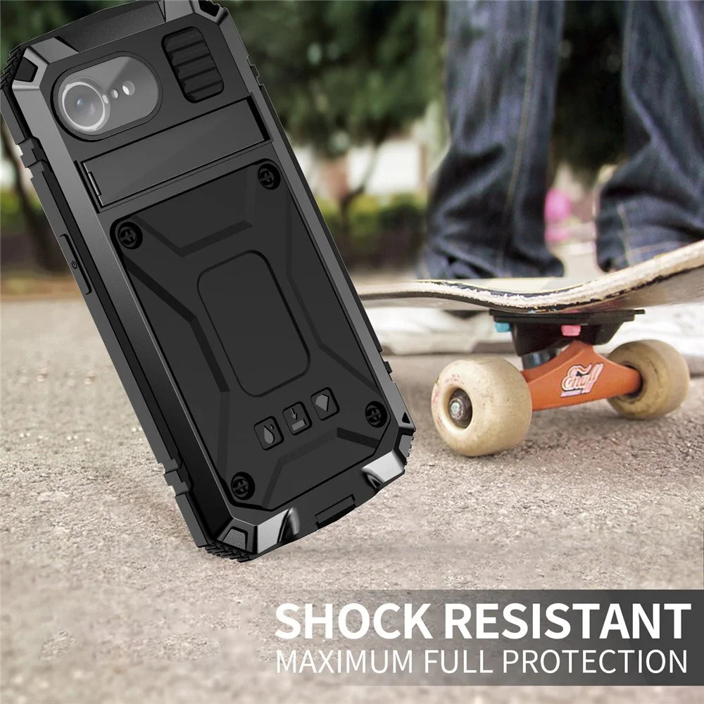 R-JUST For iPhone 17e / 16e Case PC + Silicone + Metal Kickstand Phone Cover with Tempered Glass Film - Black - 4