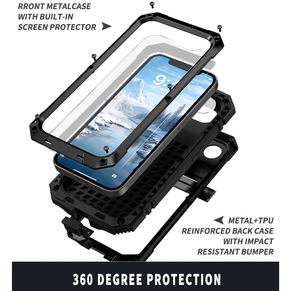 R-JUST For iPhone 17e / 16e Case PC + Silicone + Metal Kickstand Phone Cover with Tempered Glass Film - Black - 5
