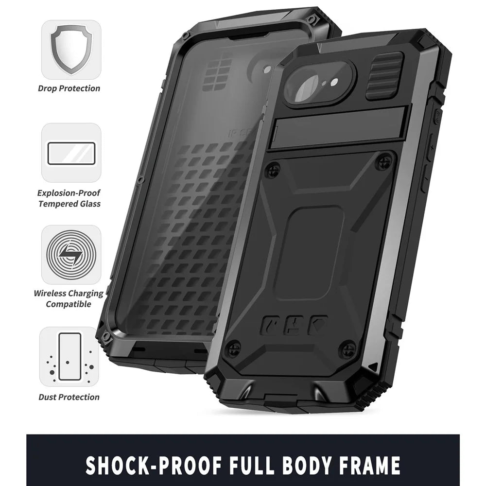 R-JUST For iPhone 17e / 16e Case PC + Silicone + Metal Kickstand Phone Cover with Tempered Glass Film - Black - 7