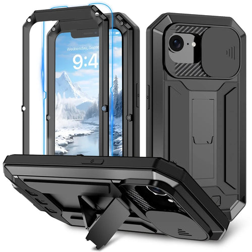 R-JUST For iPhone 17e / 16e Case PC + Silicone + Metal Back Cover with Tempered Glass Film - Black - 1