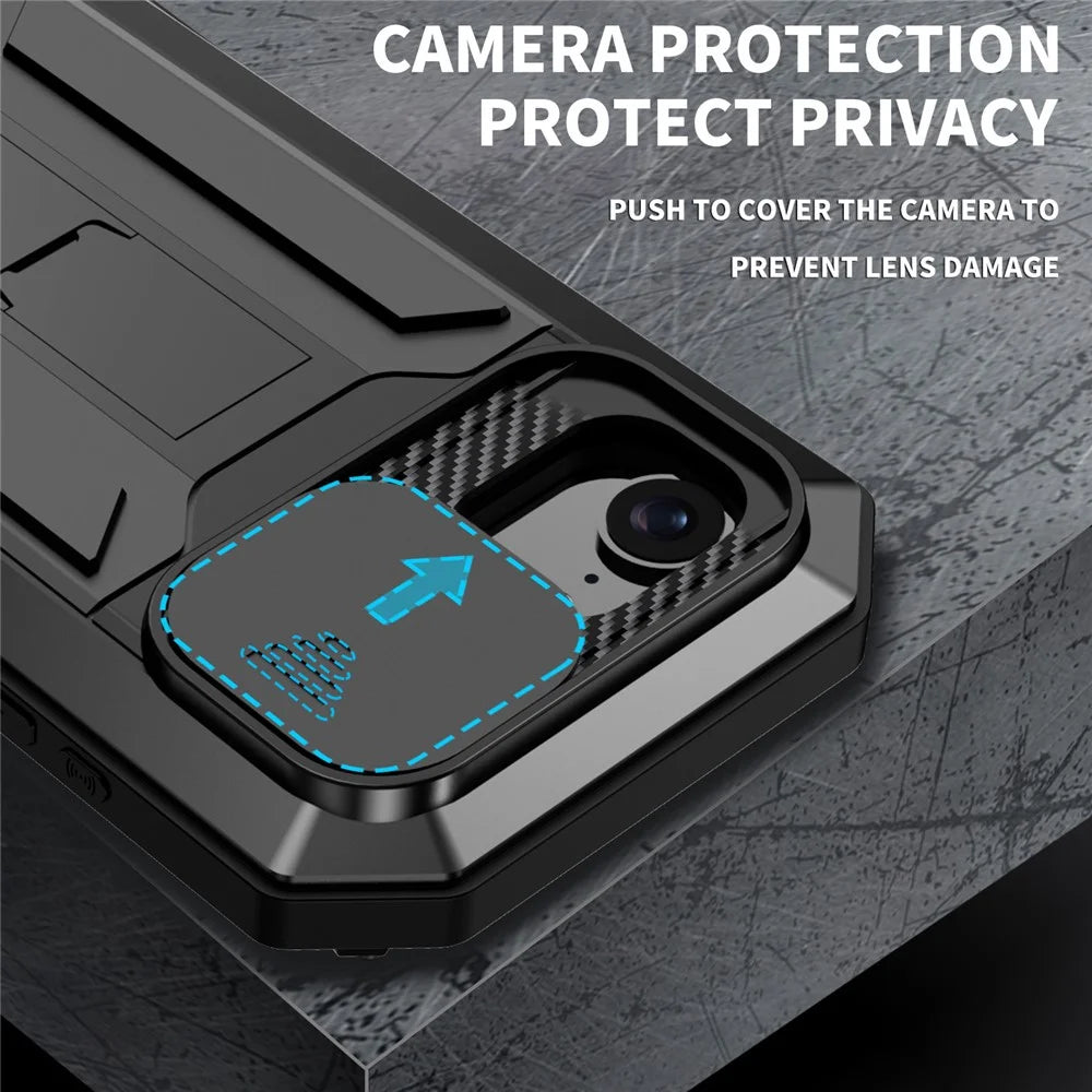 R-JUST For iPhone 17e / 16e Case PC + Silicone + Metal Back Cover with Tempered Glass Film - Black - 2