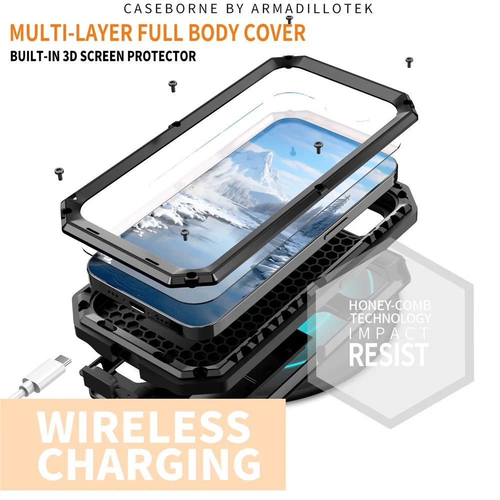 R-JUST For iPhone 17e / 16e Case PC + Silicone + Metal Back Cover with Tempered Glass Film - Black - 3