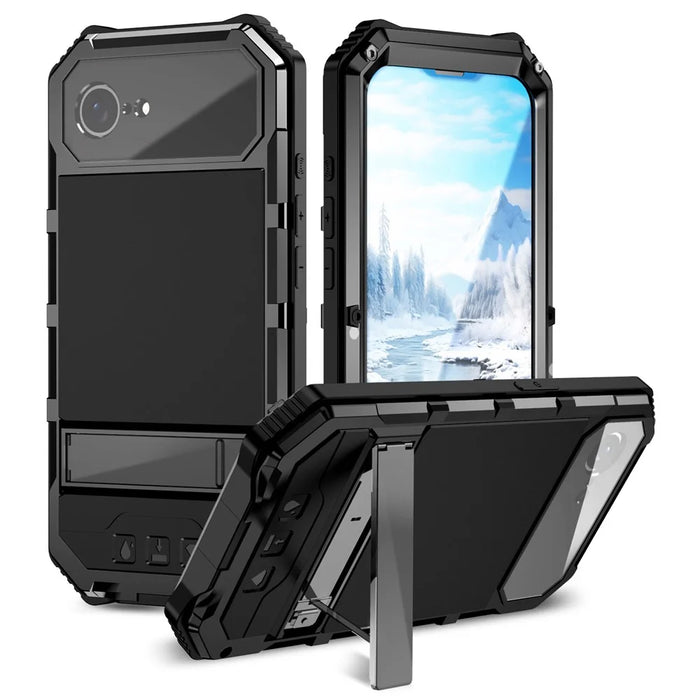 R-JUST For iPhone 17e / 16e Case PC + Silicone + Metal Kickstand Phone Cover with Tempered Glass Film - Black - 1