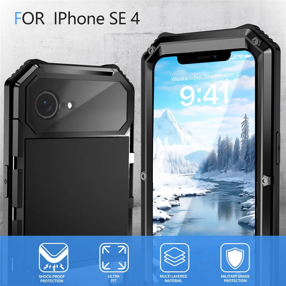 R-JUST For iPhone 17e / 16e Case PC + Silicone + Metal Kickstand Phone Cover with Tempered Glass Film - Black - 4