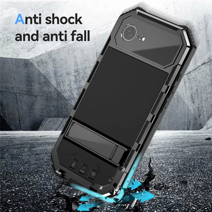 R-JUST For iPhone 17e / 16e Case PC + Silicone + Metal Kickstand Phone Cover with Tempered Glass Film - Black - 7