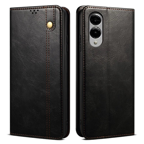 For Samsung Galaxy S25 Edge Case Crazy Horse Texture Waxy Leather Wallet Stand Phone Cover - Black - 1