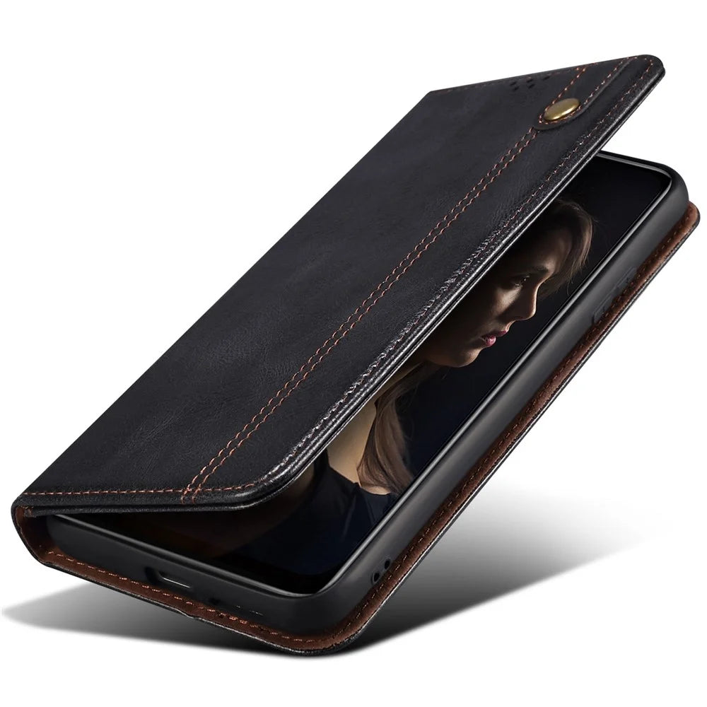 For Samsung Galaxy S25 Edge Case Crazy Horse Texture Waxy Leather Wallet Stand Phone Cover - Black - 5