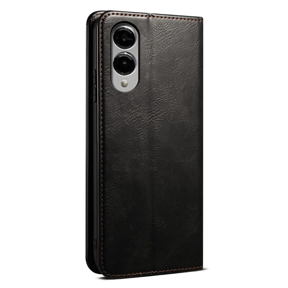 For Samsung Galaxy S25 Edge Case Crazy Horse Texture Waxy Leather Wallet Stand Phone Cover - Black - 7