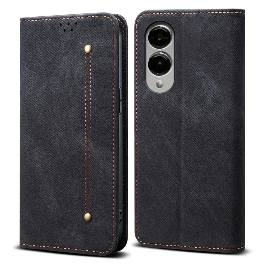 For Samsung Galaxy S25 Edge Case Jeans Cloth Texture Anti-Scratch Leather Stand Phone Cover - Black - 1