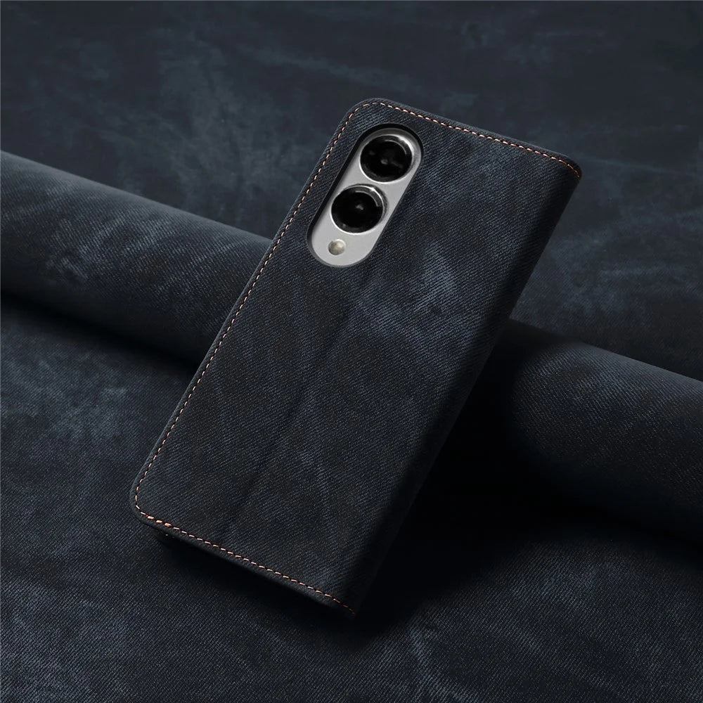 For Samsung Galaxy S25 Edge Case Jeans Cloth Texture Anti-Scratch Leather Stand Phone Cover - Black - 7