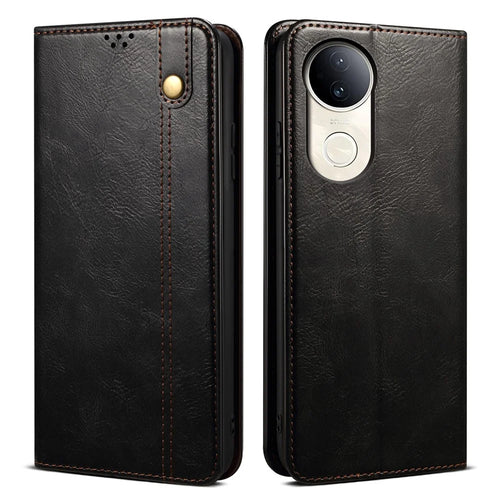 For vivo V50 5G Case Crazy Horse Texture Waxy Leather Wallet Stand Phone Cover - Black - 1