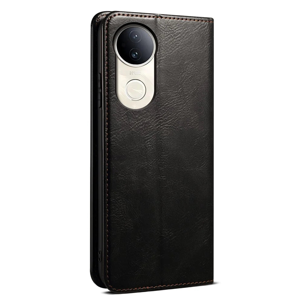 For vivo V50 5G Case Crazy Horse Texture Waxy Leather Wallet Stand Phone Cover - Black - 7