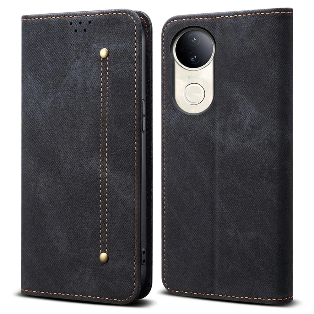 For vivo V50 5G Case Jeans Cloth Texture Anti-Scratch Leather Stand Phone Cover - Black - 1