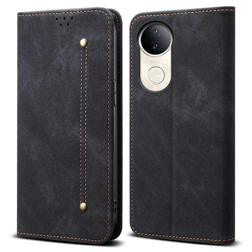 For vivo V50 5G Case Jeans Cloth Texture Anti-Scratch Leather Stand Phone Cover - Black - 1