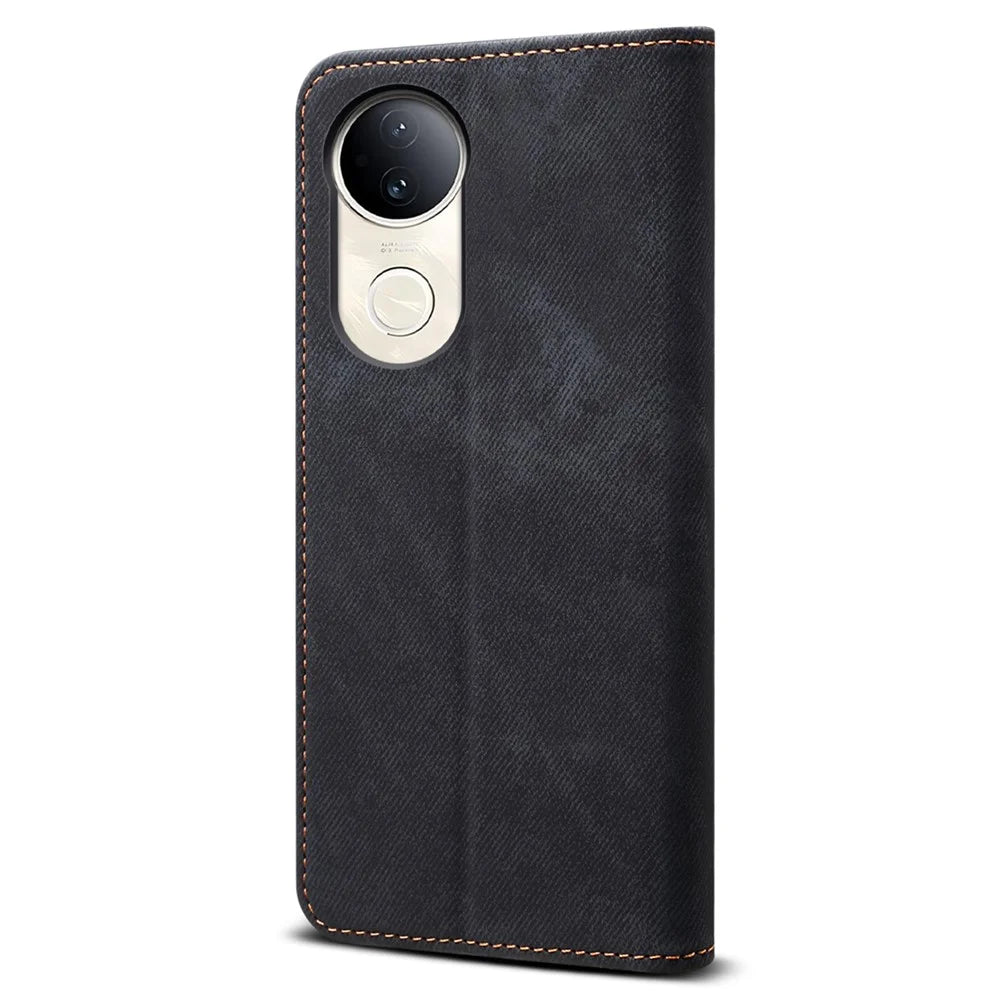 For vivo V50 5G Case Jeans Cloth Texture Anti-Scratch Leather Stand Phone Cover - Black - 6