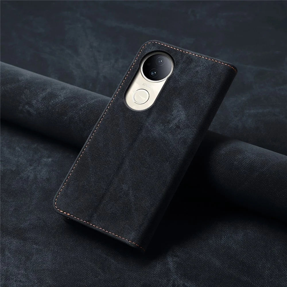 For vivo V50 5G Case Jeans Cloth Texture Anti-Scratch Leather Stand Phone Cover - Black - 7