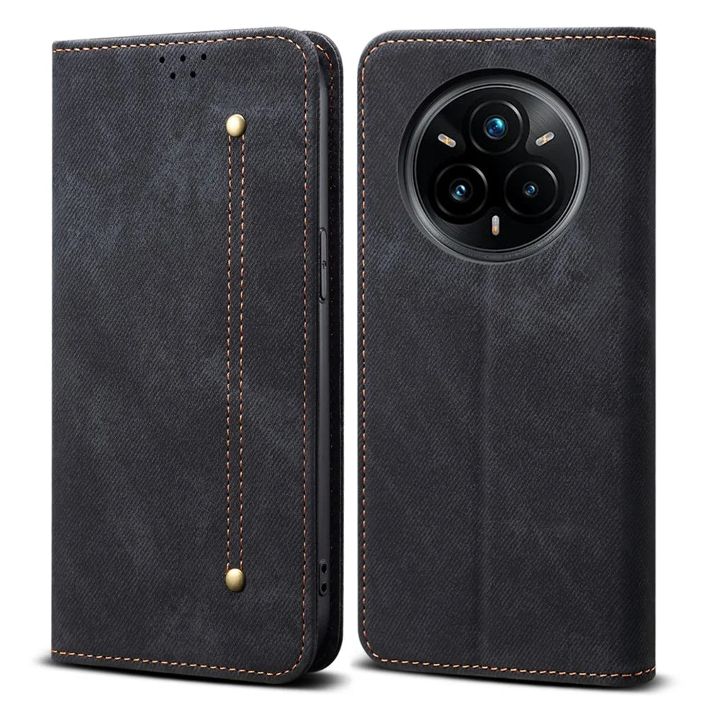 For Realme 14 Pro 5G Case Jeans Cloth Texture Anti-Scratch Leather Stand Phone Cover - Black - 1
