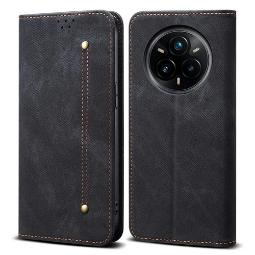 For Realme 14 Pro 5G Case Jeans Cloth Texture Anti-Scratch Leather Stand Phone Cover - Black - 1
