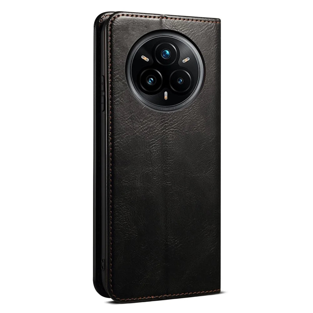 For Realme 14 Pro+ 5G Case Crazy Horse Texture Waxy Leather Wallet Stand Phone Cover - Black - 7