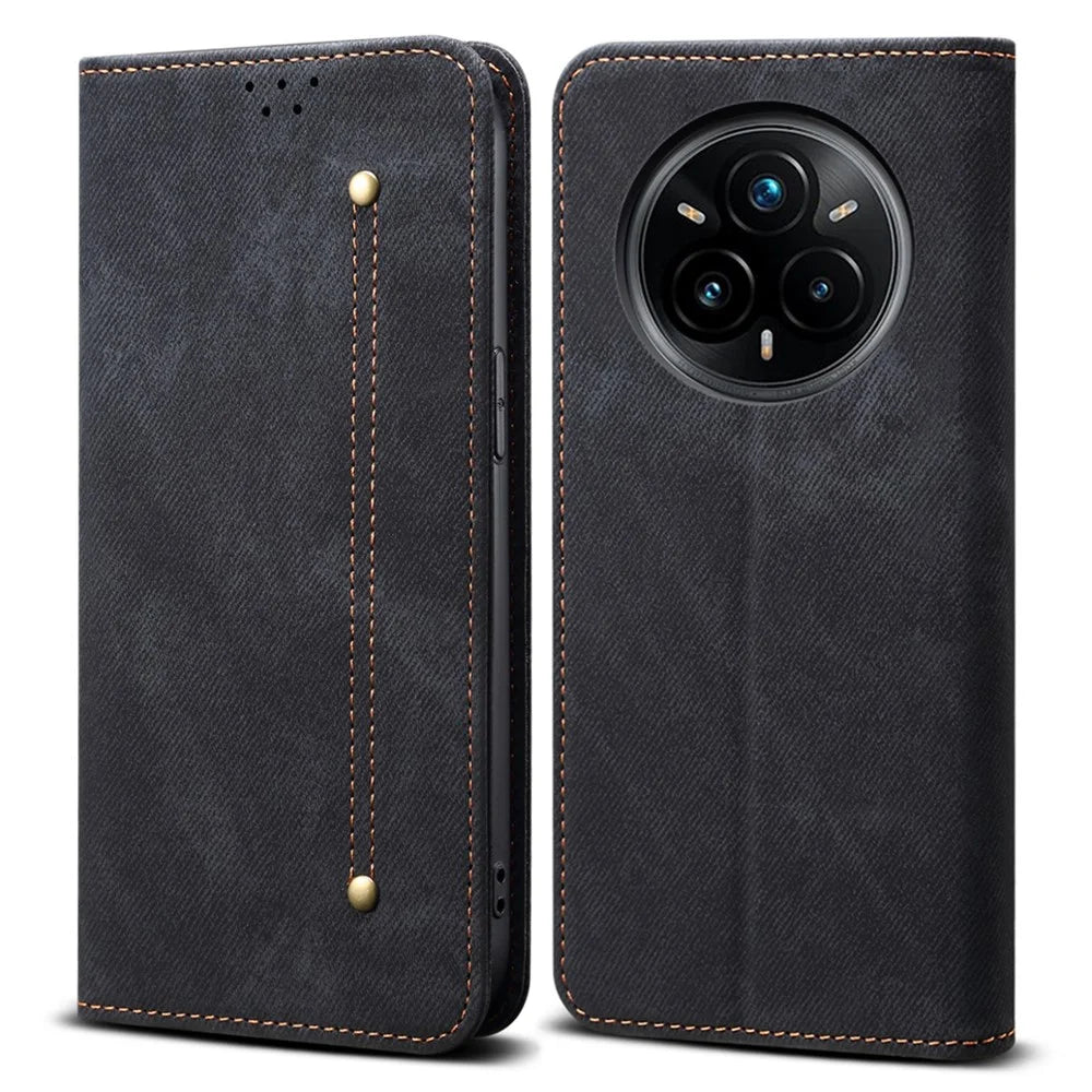 For Realme 14 Pro+ 5G Case Jeans Cloth Texture Anti-Scratch Leather Stand Phone Cover - Black - 1
