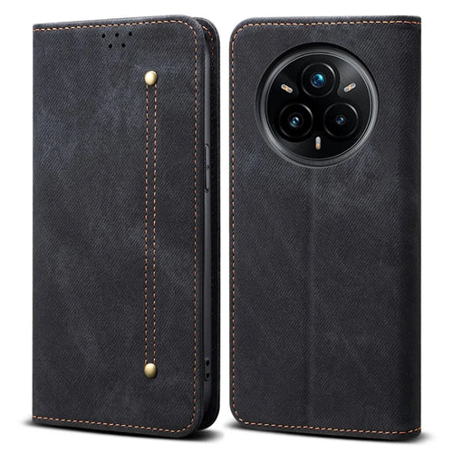 For Realme 14 Pro+ 5G Case Jeans Cloth Texture Anti-Scratch Leather Stand Phone Cover - Black - 1