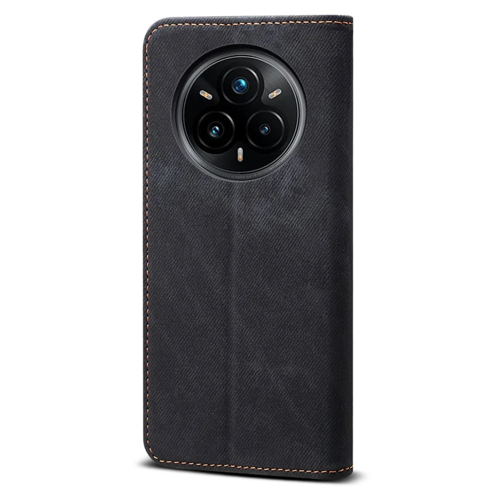 For Realme 14 Pro+ 5G Case Jeans Cloth Texture Anti-Scratch Leather Stand Phone Cover - Black - 6