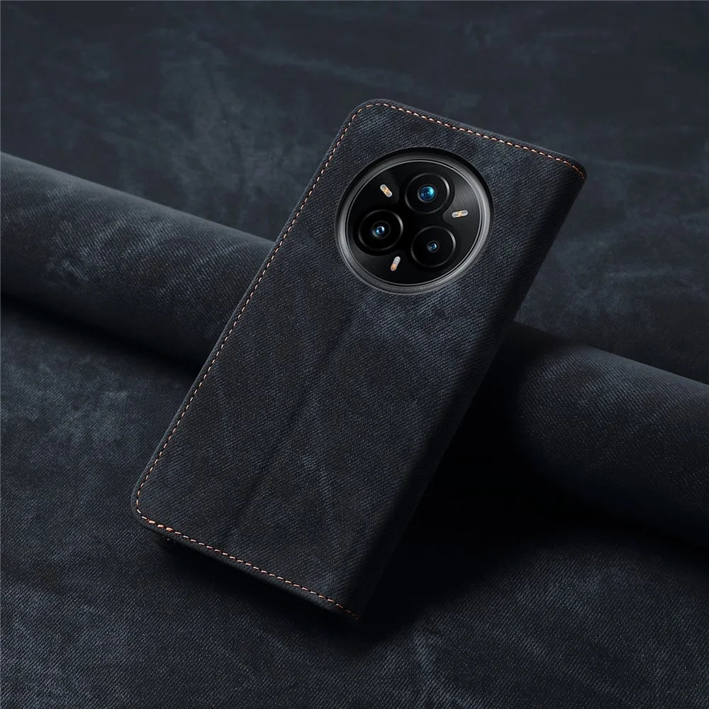 For Realme 14 Pro+ 5G Case Jeans Cloth Texture Anti-Scratch Leather Stand Phone Cover - Black - 7